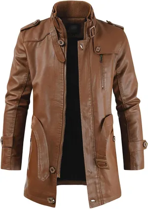 Mens Stand Collar Belt Leather Jacket Mid Length Thicken Winter Biker Coats Vintage Fleece Cargo Bomber Outwear