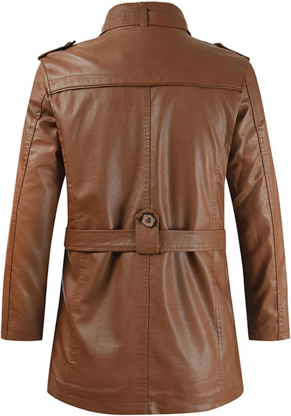 Mens Stand Collar Belt Leather Jacket Mid Length Thicken Winter Biker Coats Vintage Fleece Cargo Bomber Outwear