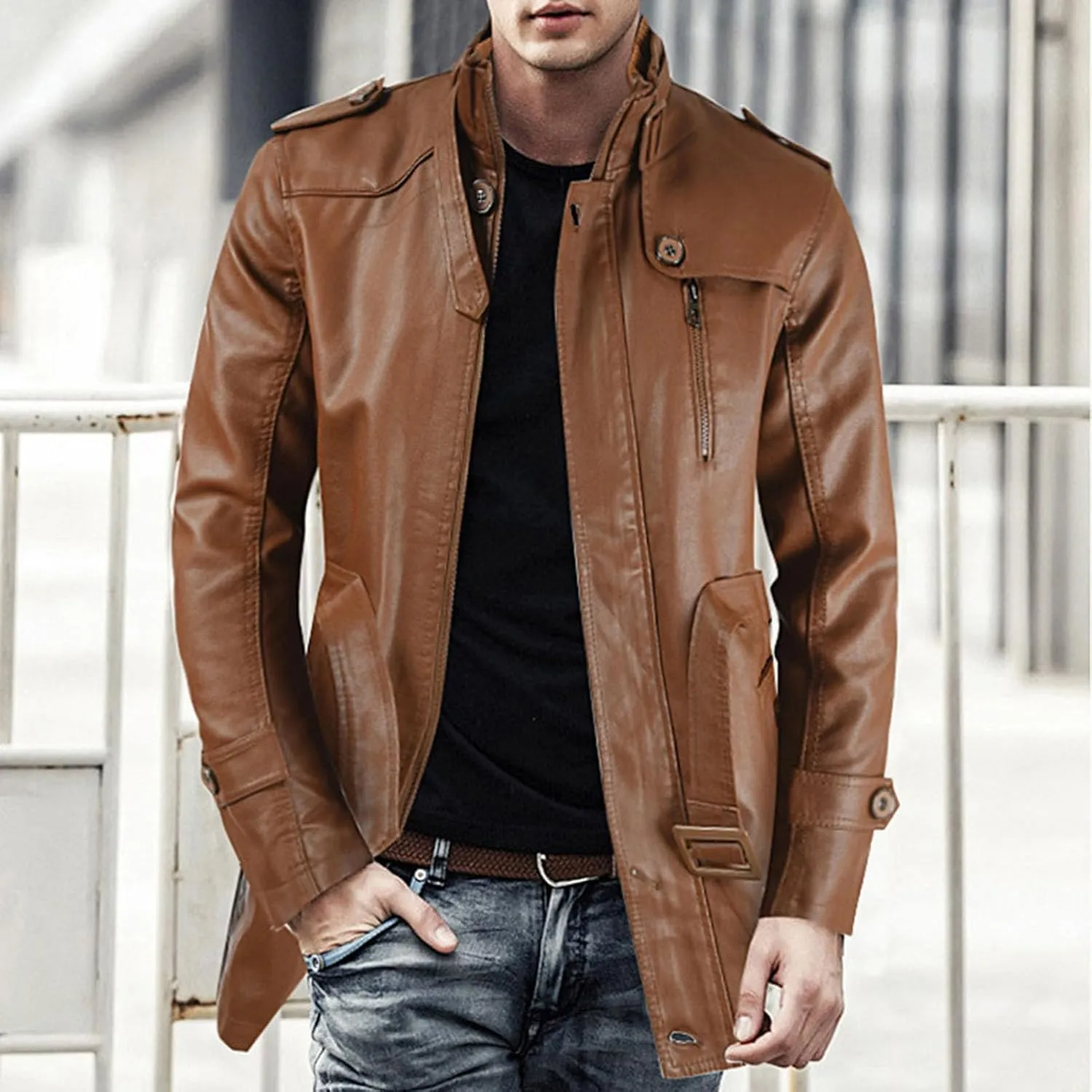 Mens Stand Collar Belt Leather Jacket Mid Length Thicken Winter Biker Coats Vintage Fleece Cargo Bomber Outwear