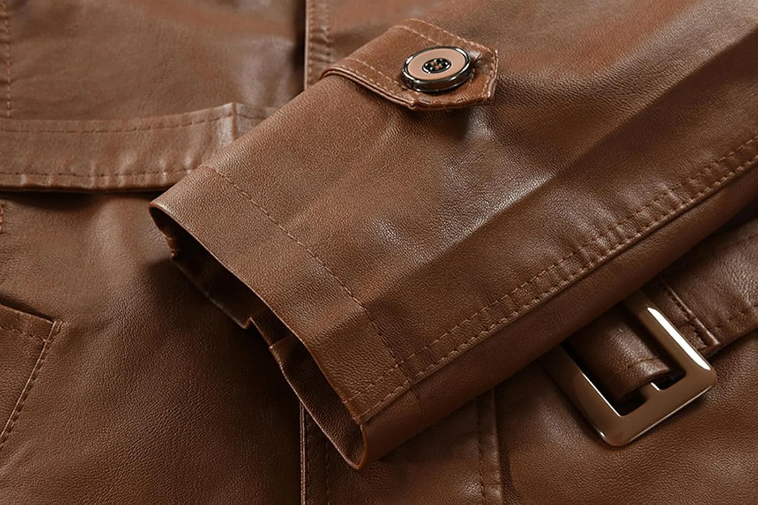 Mens Stand Collar Belt Leather Jacket Mid Length Thicken Winter Biker Coats Vintage Fleece Cargo Bomber Outwear