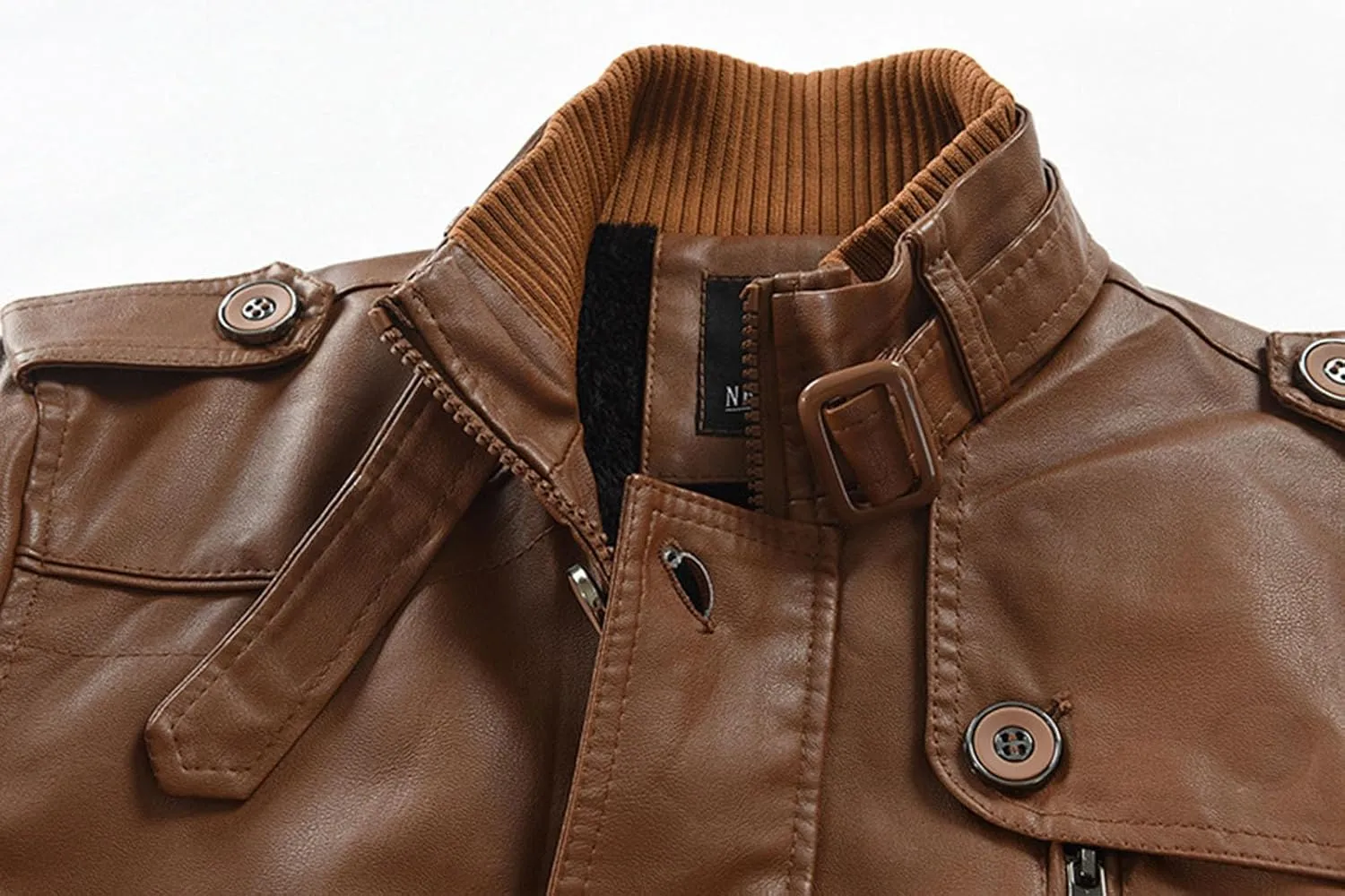 Mens Stand Collar Belt Leather Jacket Mid Length Thicken Winter Biker Coats Vintage Fleece Cargo Bomber Outwear