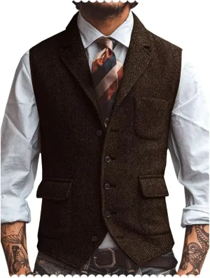 Men's Suit Vest Lapel Herringbone Tweed Business Formal Dress Waistcoat