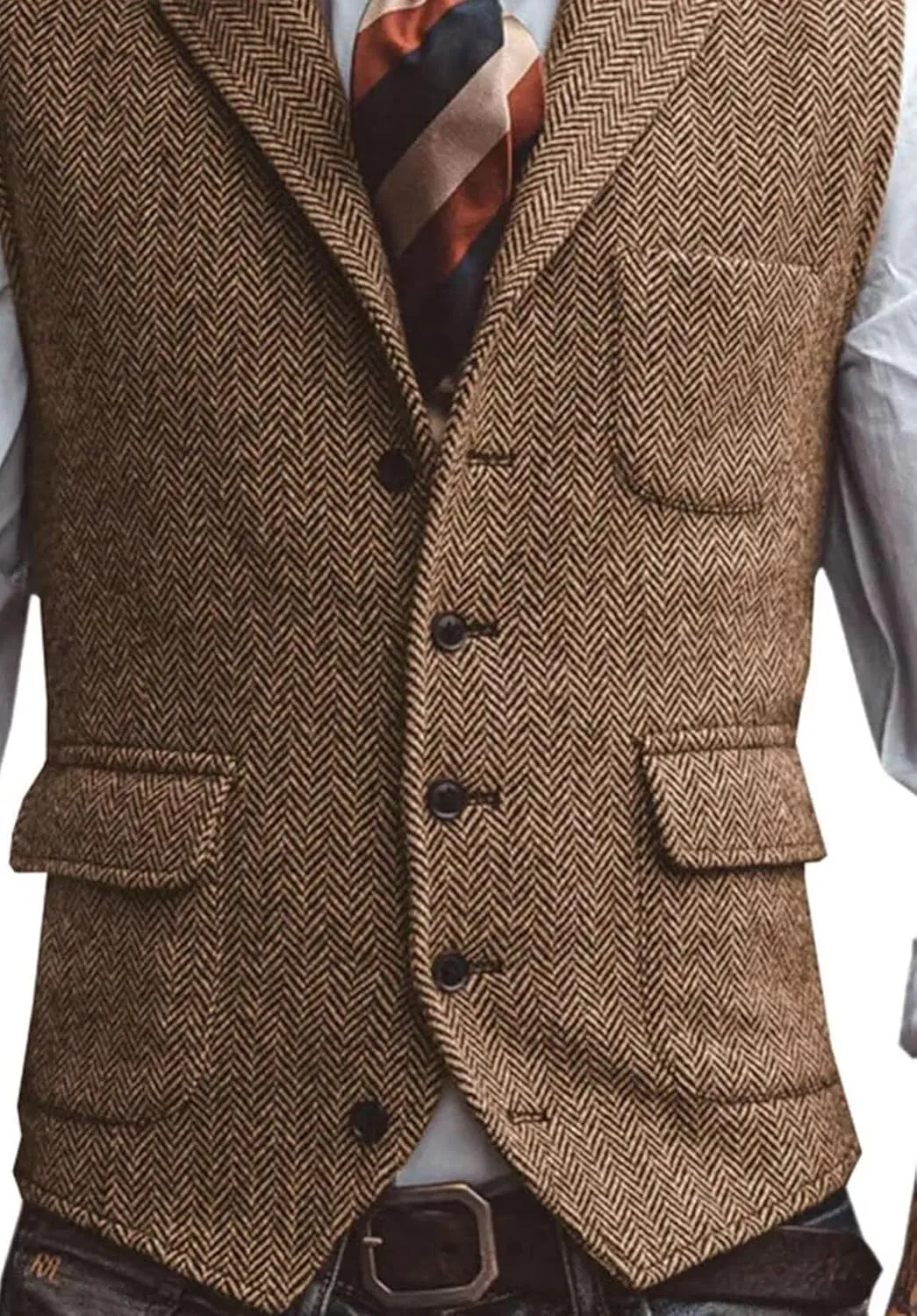 Men's Suit Vest Lapel Herringbone Tweed Business Formal Dress Waistcoat