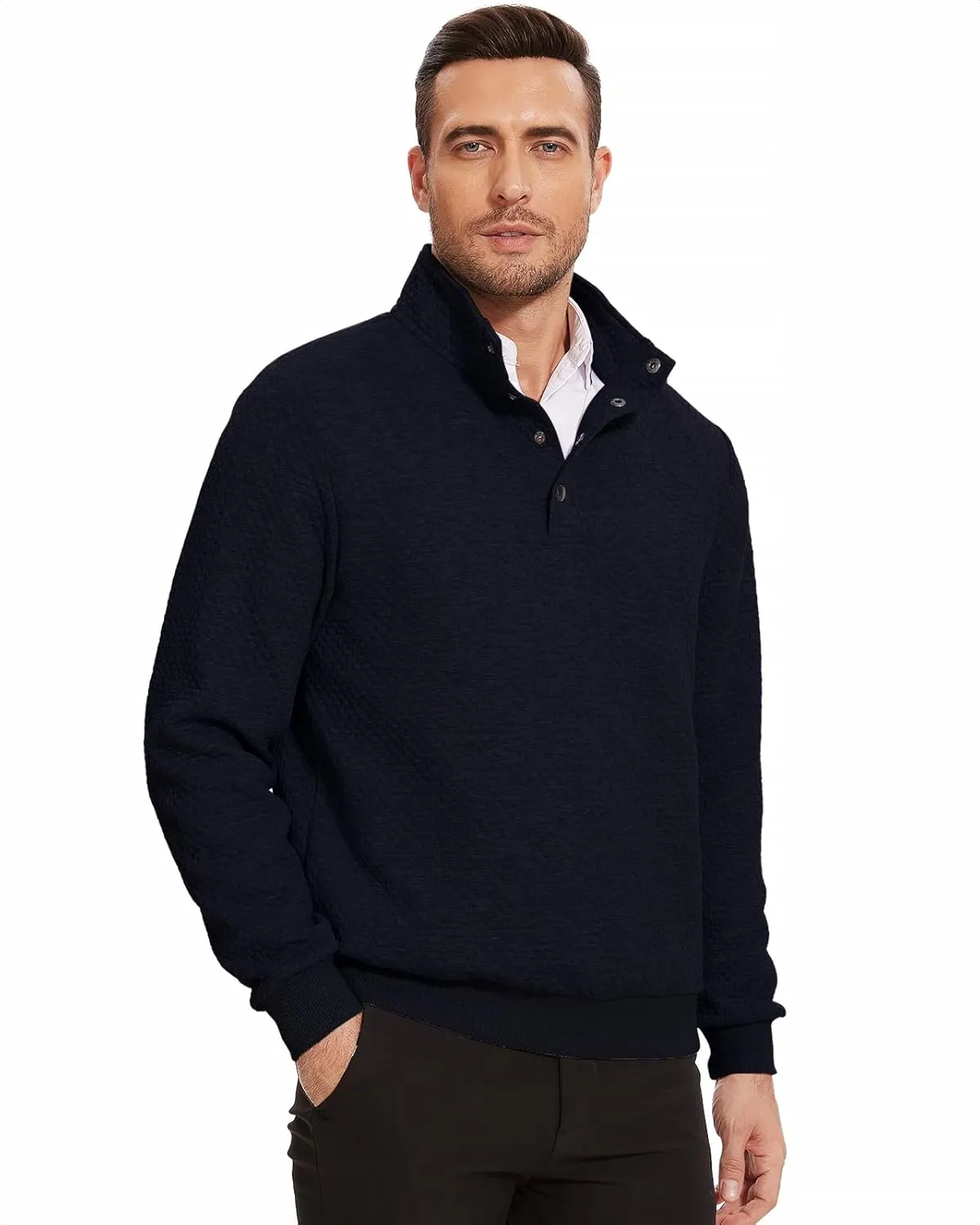 Men's Sweatshirt Quilted Mens Sweater Quarter Button Pullover Sweater Knit Long Sleeve Stand Collar Warm Lightweight
