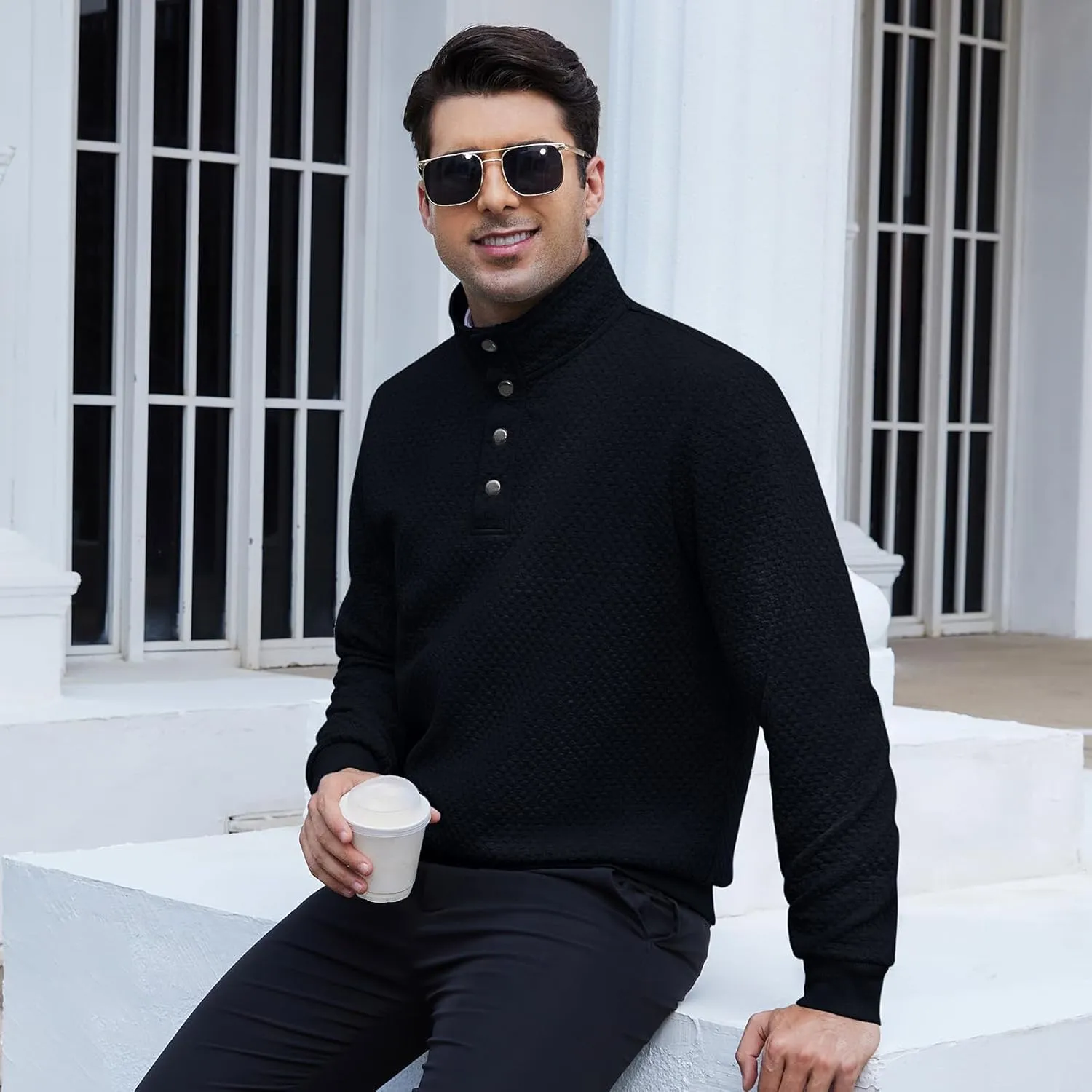 Men's Sweatshirt Quilted Mens Sweater Quarter Button Pullover Sweater Knit Long Sleeve Stand Collar Warm Lightweight
