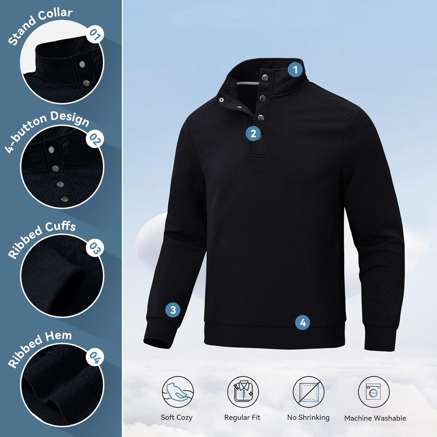 Men's Sweatshirt Quilted Mens Sweater Quarter Button Pullover Sweater Knit Long Sleeve Stand Collar Warm Lightweight