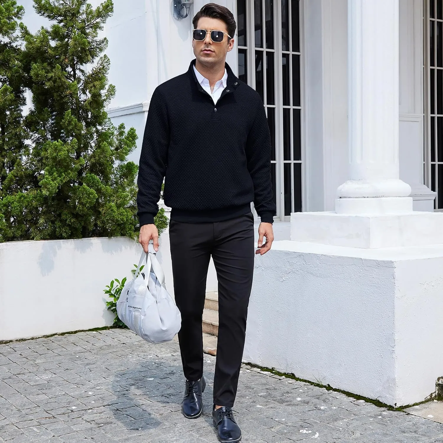 Men's Sweatshirt Quilted Mens Sweater Quarter Button Pullover Sweater Knit Long Sleeve Stand Collar Warm Lightweight