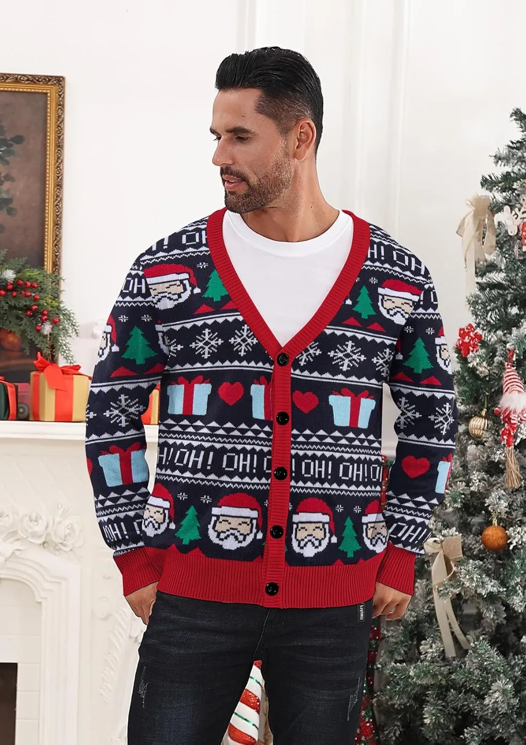 Men's Ugly Christmas Sweater Button Down Long Sleeve Knit Cardigan
