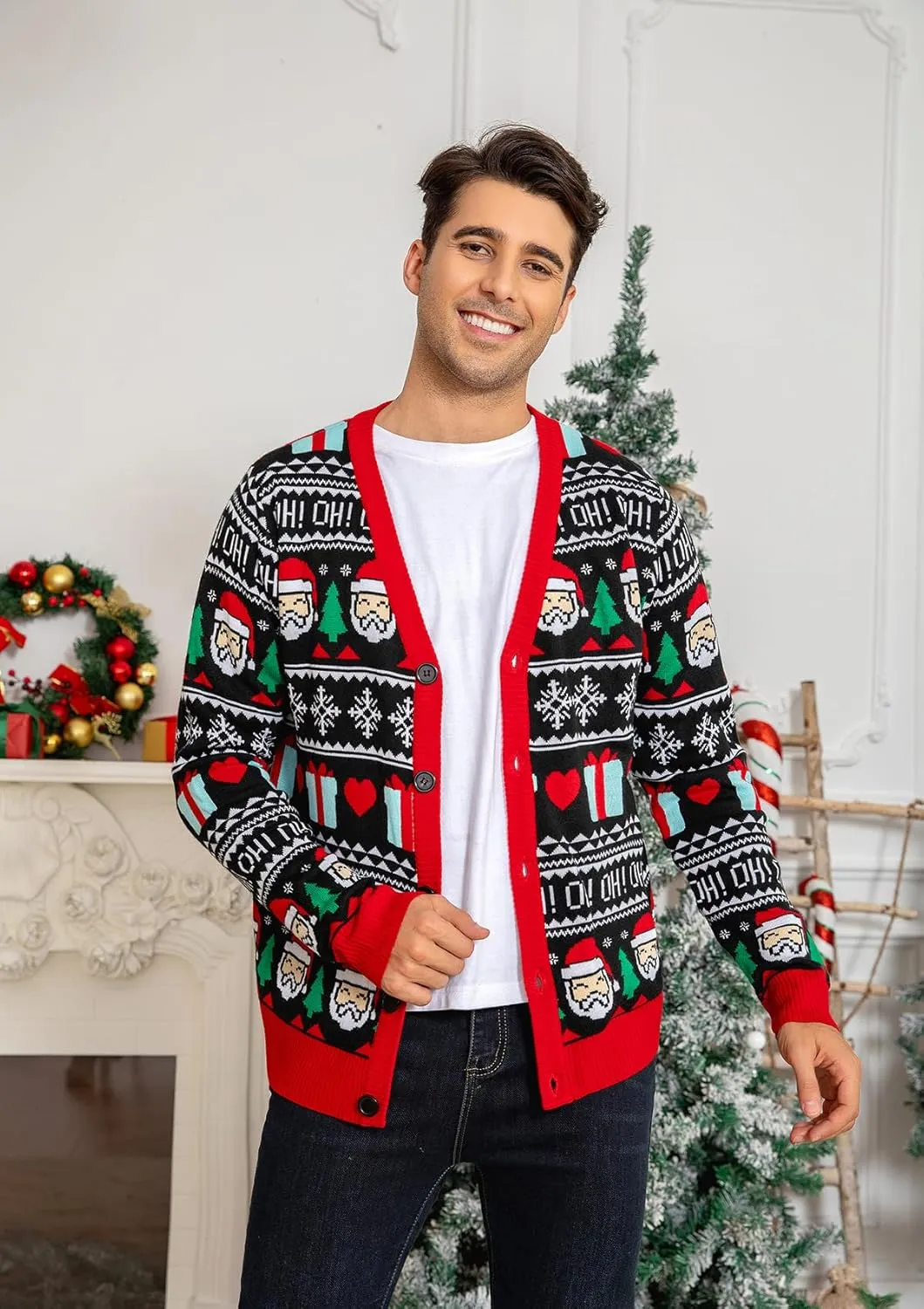 Men's Ugly Christmas Sweater Button Down Long Sleeve Knit Cardigan
