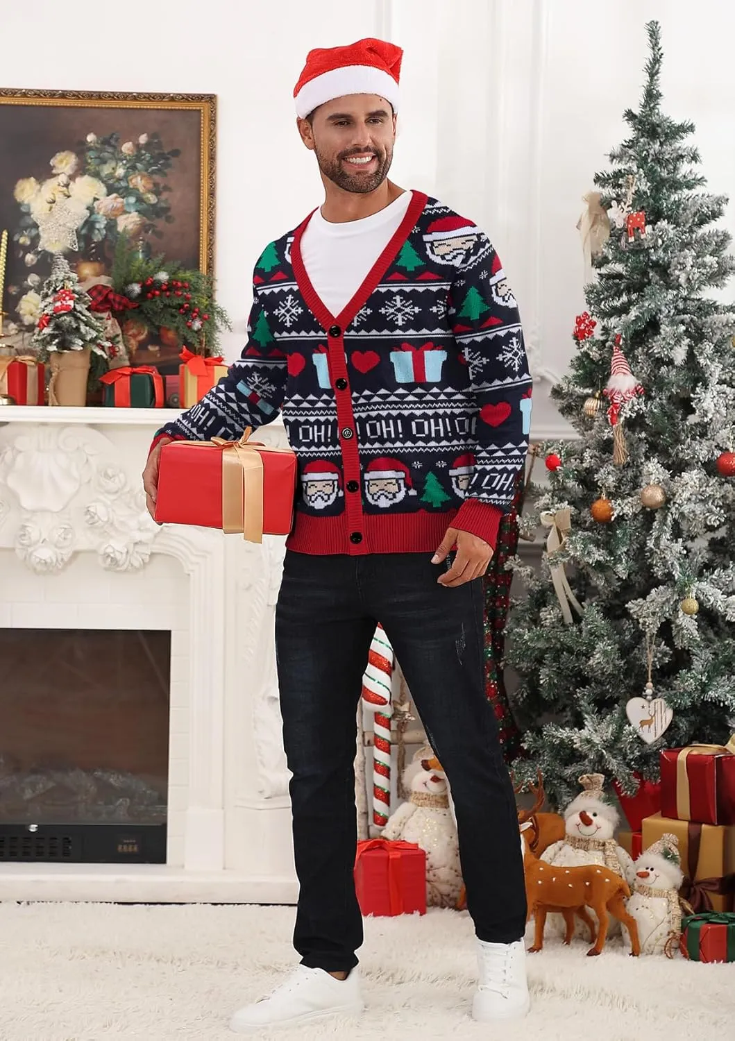 Men's Ugly Christmas Sweater Button Down Long Sleeve Knit Cardigan