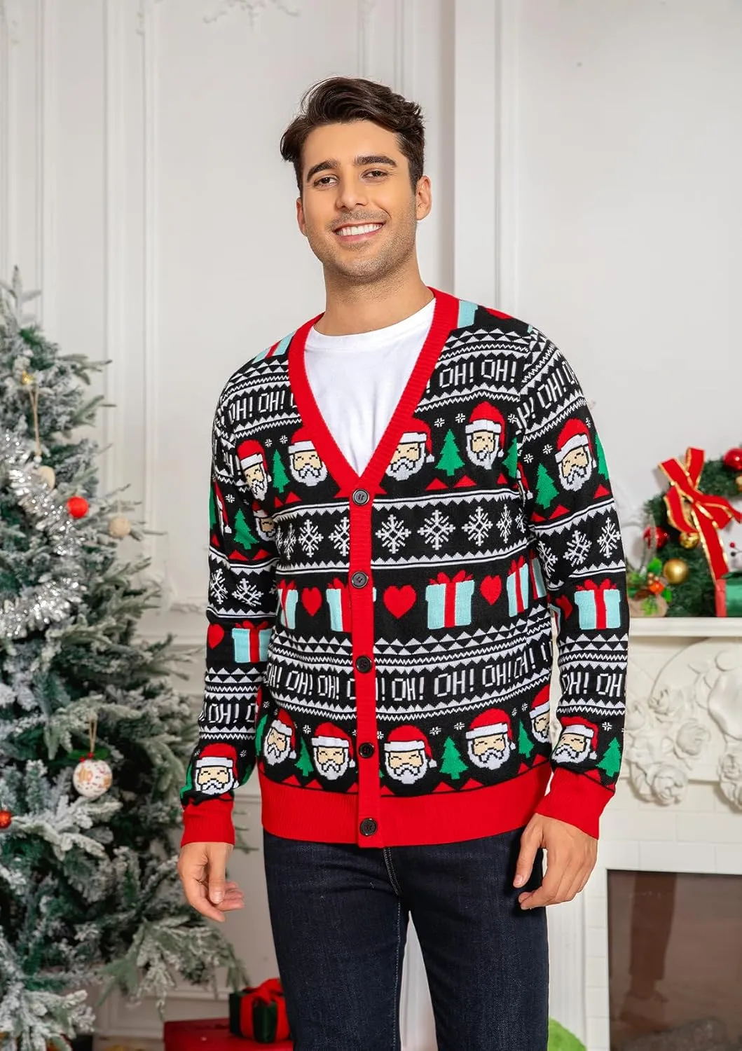 Men's Ugly Christmas Sweater Button Down Long Sleeve Knit Cardigan