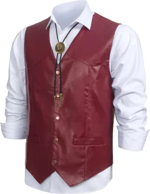 Men's Western Cowboy Vest,Vintage Cowboy Suit Vest with Bolo Tie,Slim Wedding Vests,Leather Light Casual Vests