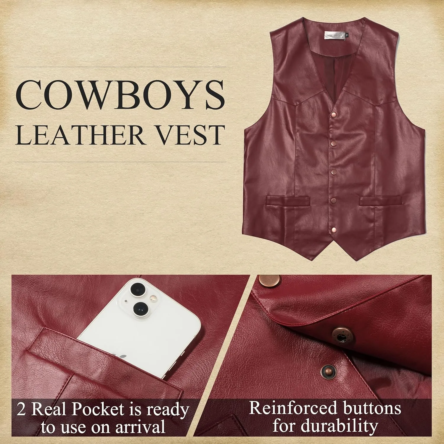 Men's Western Cowboy Vest,Vintage Cowboy Suit Vest with Bolo Tie,Slim Wedding Vests,Leather Light Casual Vests