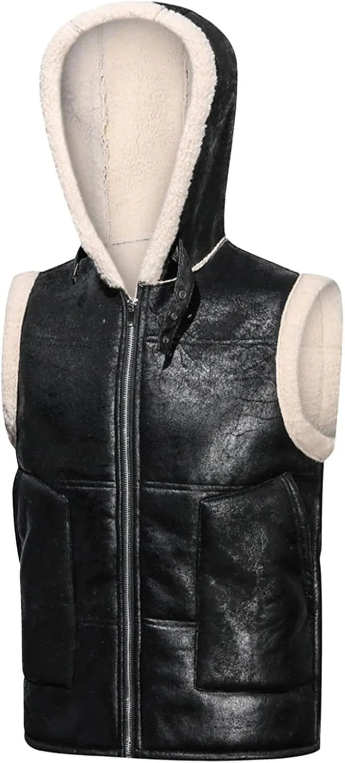 Mens Winter Vests Outerwear Hooded Fleece Lined Faux Leather Chunky Casual Vest Jacket Plus Size Coat With Pocket