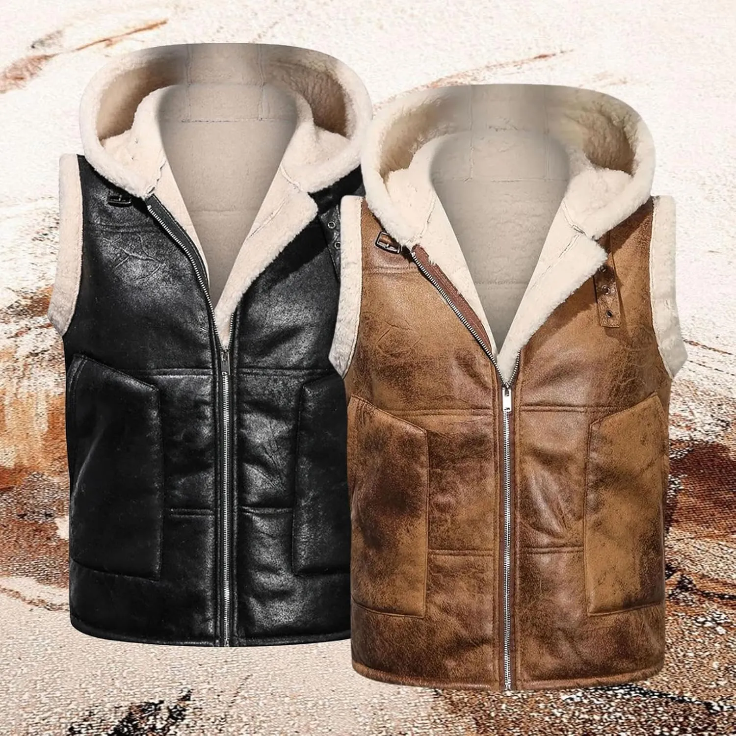 Mens Winter Vests Outerwear Hooded Fleece Lined Faux Leather Chunky Casual Vest Jacket Plus Size Coat With Pocket