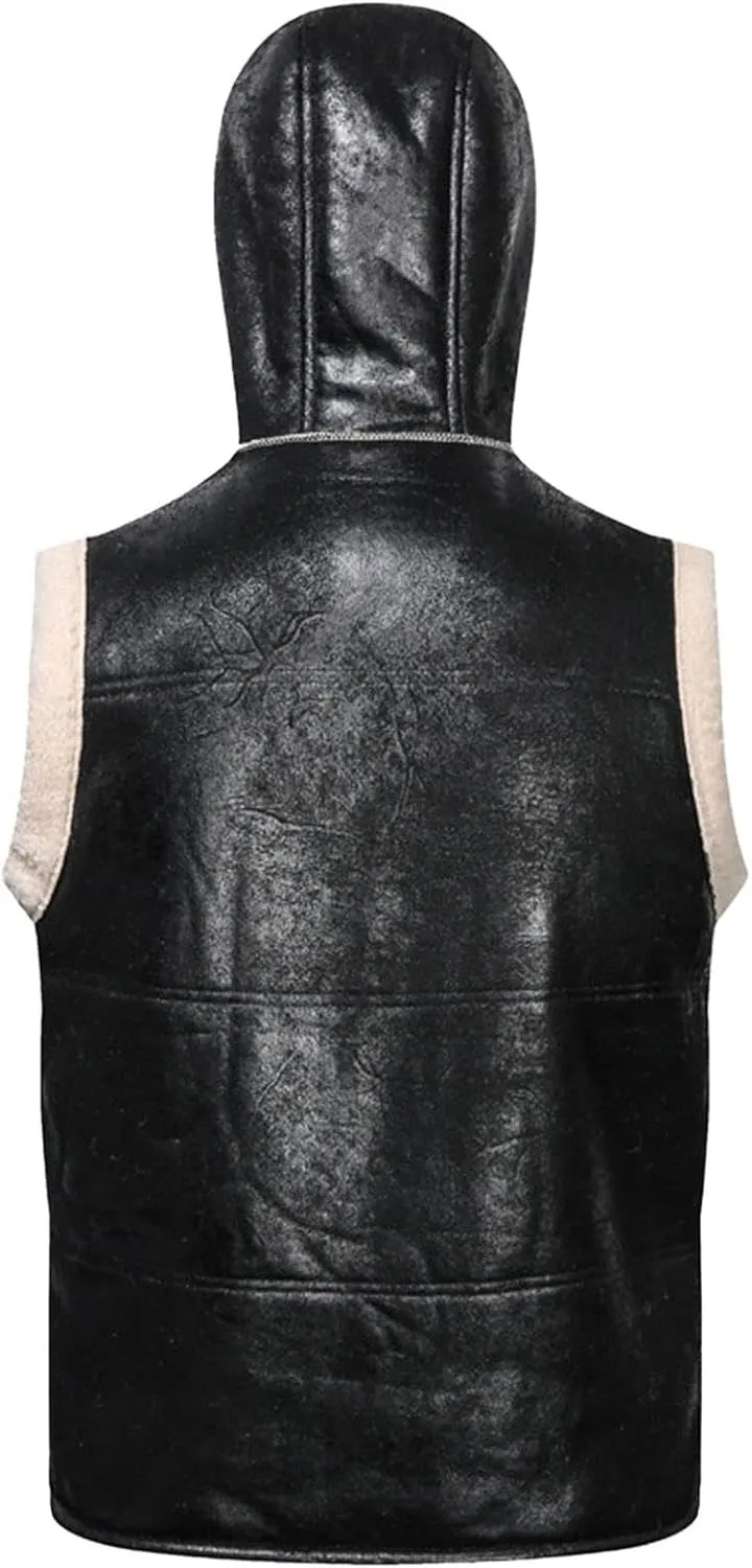 Mens Winter Vests Outerwear Hooded Fleece Lined Faux Leather Chunky Casual Vest Jacket Plus Size Coat With Pocket