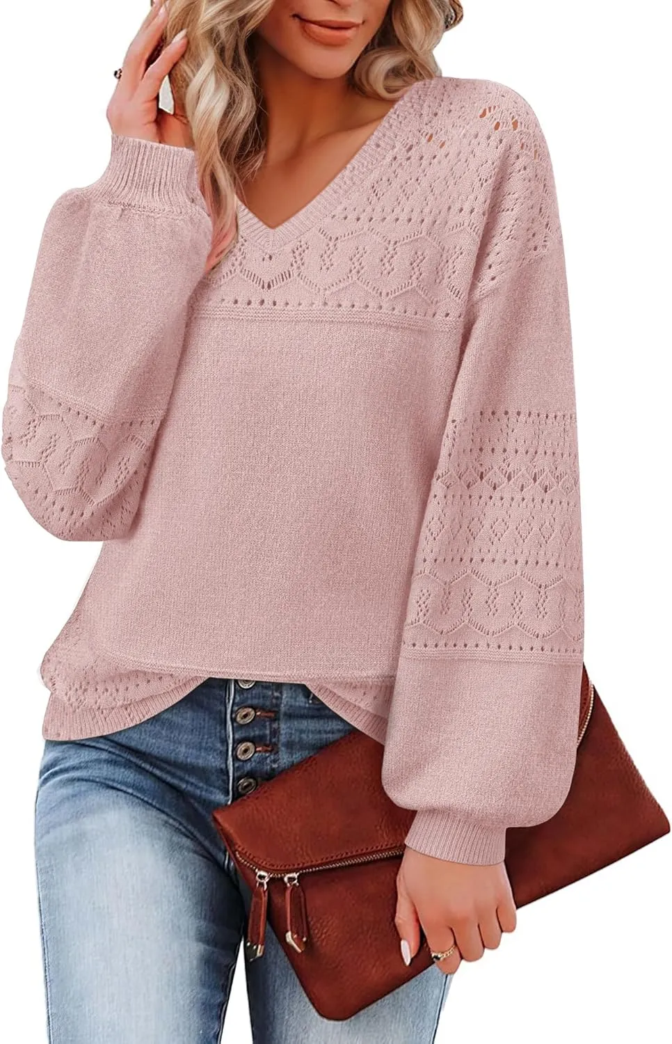 Messic Womens Pullover Sweaters 2024 Casual Long Sleeve V Neck Lightweight Loose Knit Tops