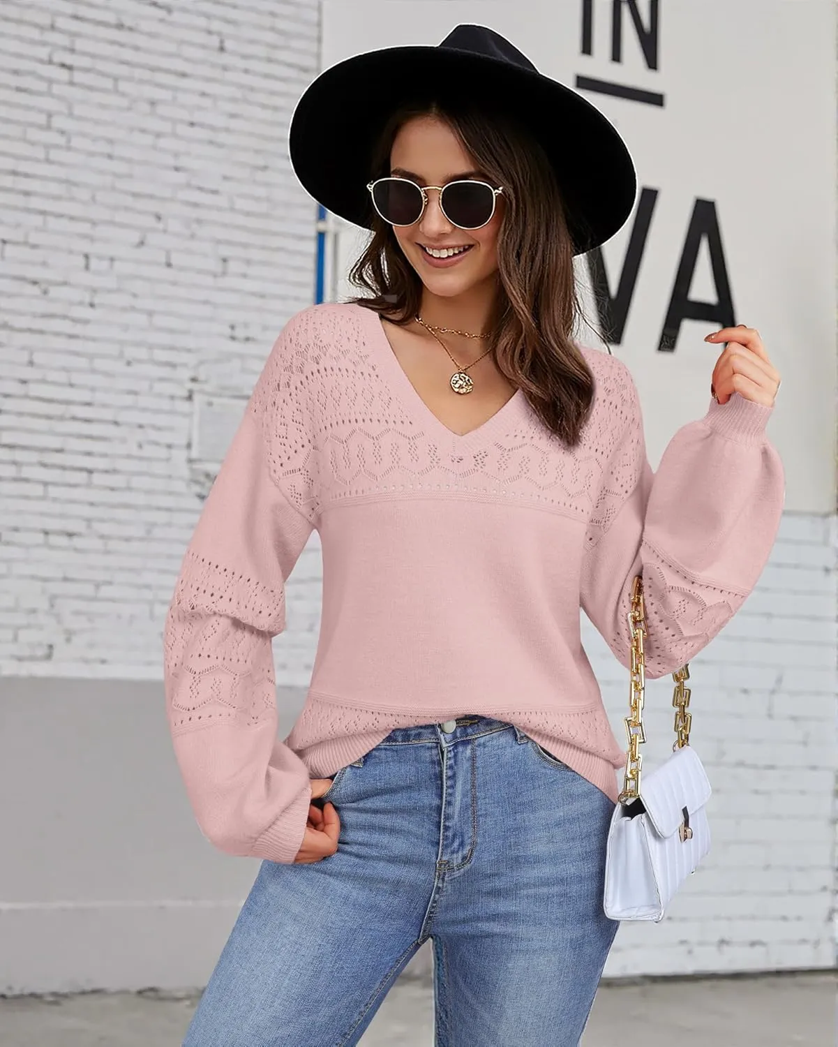 Messic Womens Pullover Sweaters 2024 Casual Long Sleeve V Neck Lightweight Loose Knit Tops