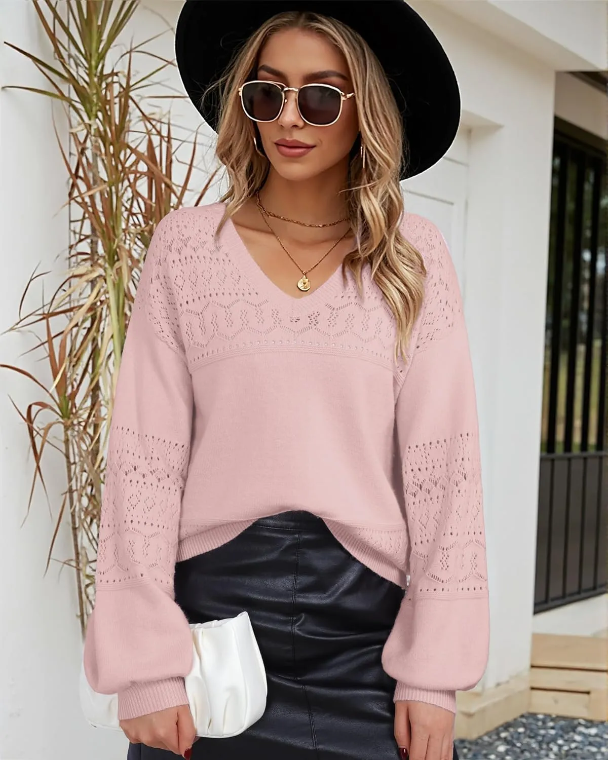 Messic Womens Pullover Sweaters 2024 Casual Long Sleeve V Neck Lightweight Loose Knit Tops