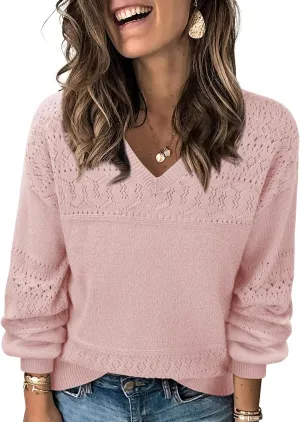 Messic Womens Pullover Sweaters 2024 Casual Long Sleeve V Neck Lightweight Loose Knit Tops