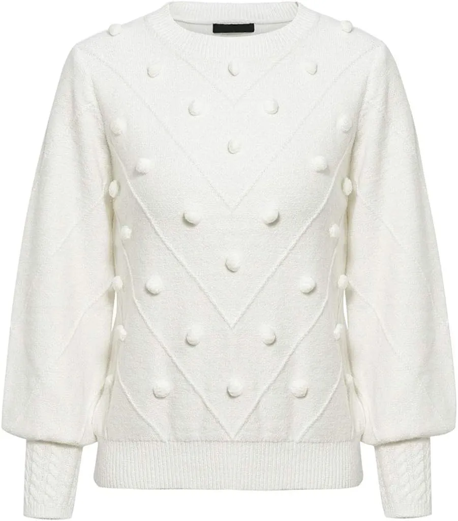 Miessial Women's Fall Crew Neck Pullover Sweater Cute Long Puff Sleeve Chunky Knit Sweater Pompom Jumper Top