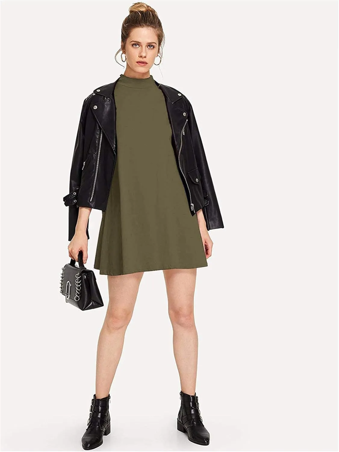 Milumia Women's Mock Neck T Shirt Dress Casual Short Sleeve Loose A Line Swing Mini Dress