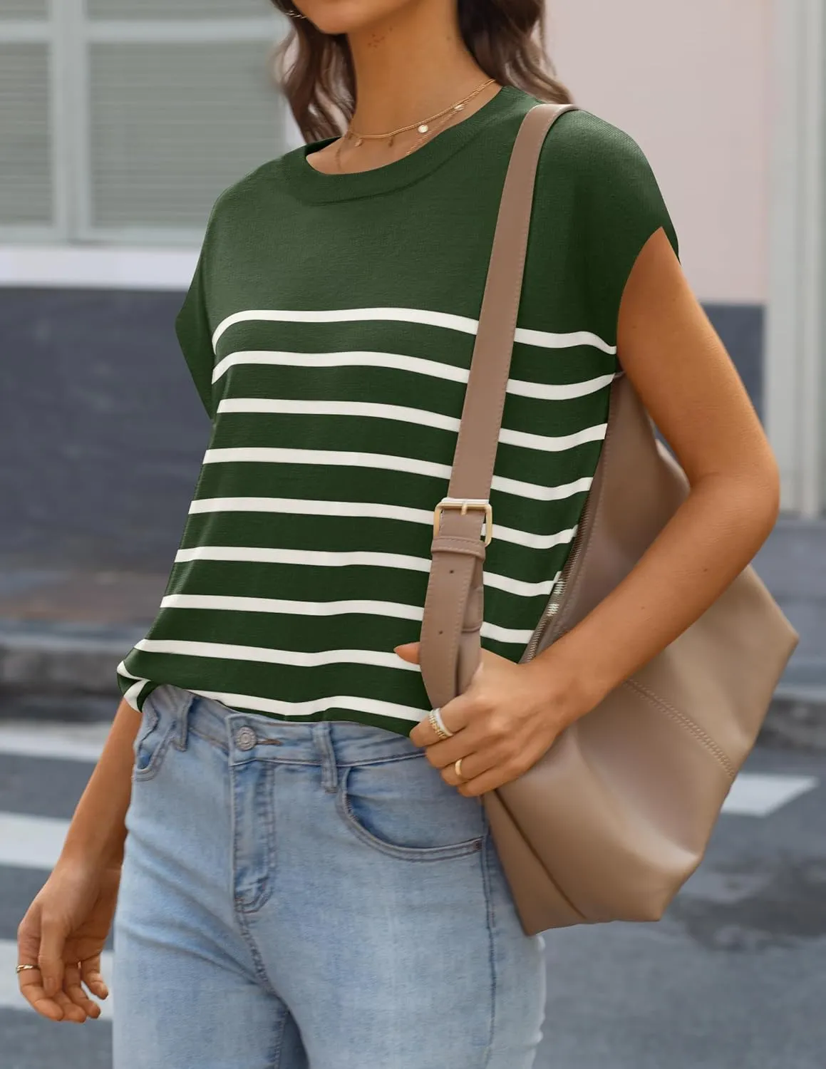 MIROL Women's Cap Sleeve Striped Tops 2025 Batwing Short Sleeve Summer Crewneck Tee Knit Casual Loose Shirts