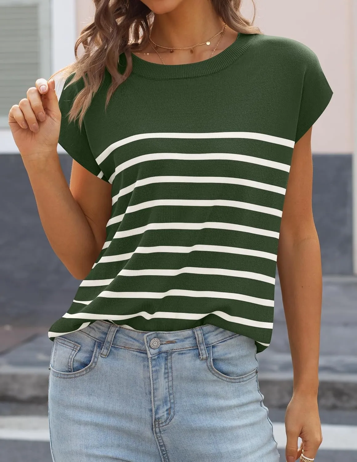 MIROL Women's Cap Sleeve Striped Tops 2025 Batwing Short Sleeve Summer Crewneck Tee Knit Casual Loose Shirts