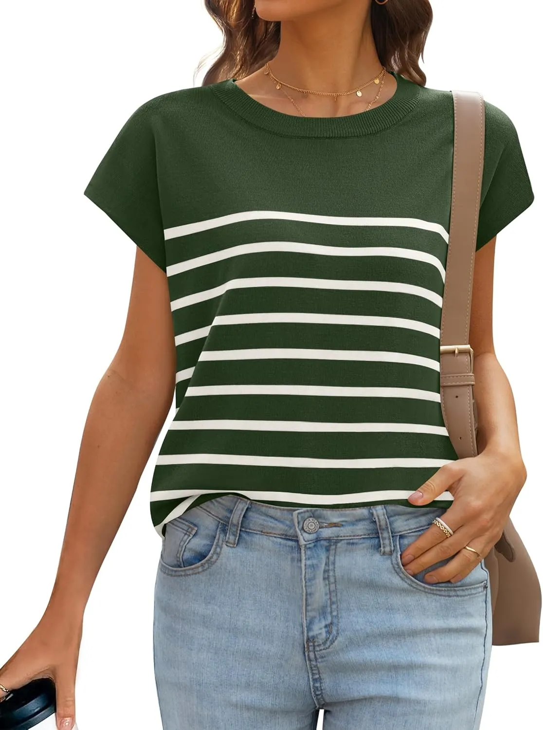 MIROL Women's Cap Sleeve Striped Tops 2025 Batwing Short Sleeve Summer Crewneck Tee Knit Casual Loose Shirts