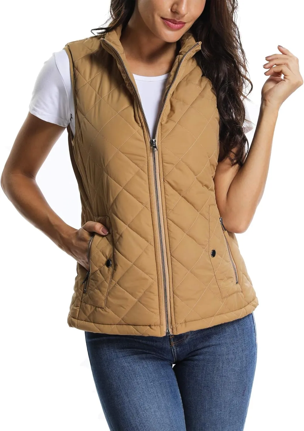 MISS MOLY Women Lightweight Quilted Padded Vest Stand Collar Zip Up Front Gilet Quilted