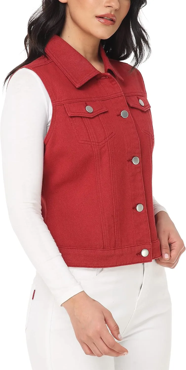 MISS MOLY Women's Denim Vest Cropped Classic Sleeveless Jean Vest Jackets With Flap Pockets