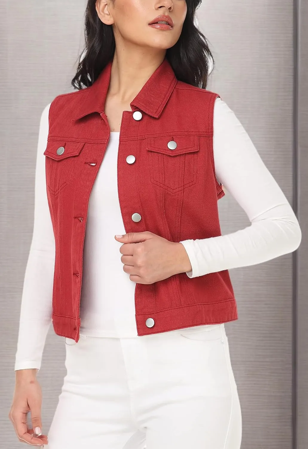 MISS MOLY Women's Denim Vest Cropped Classic Sleeveless Jean Vest Jackets With Flap Pockets