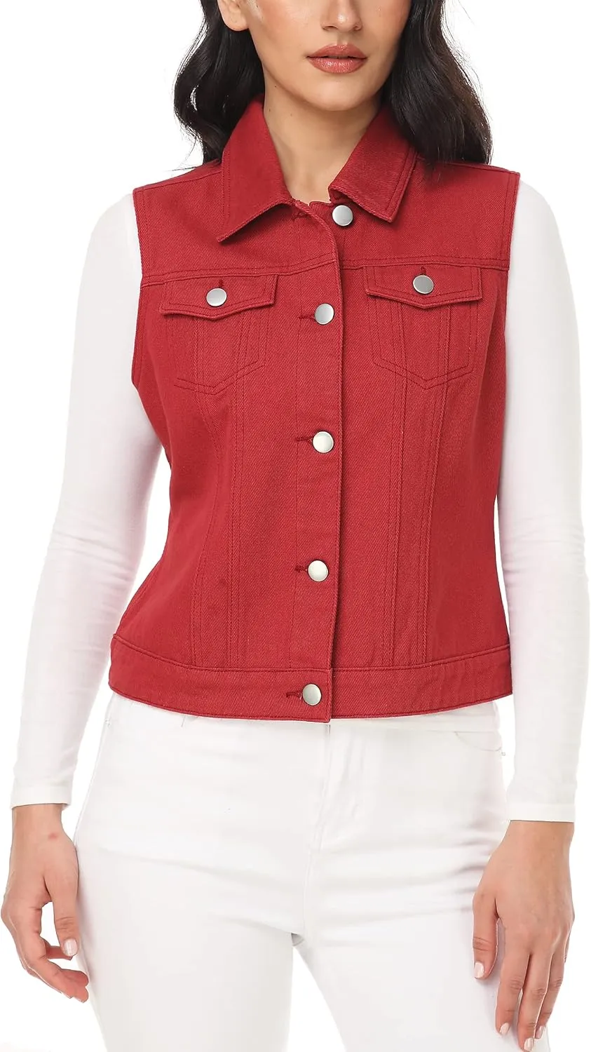 MISS MOLY Women's Denim Vest Cropped Classic Sleeveless Jean Vest Jackets With Flap Pockets