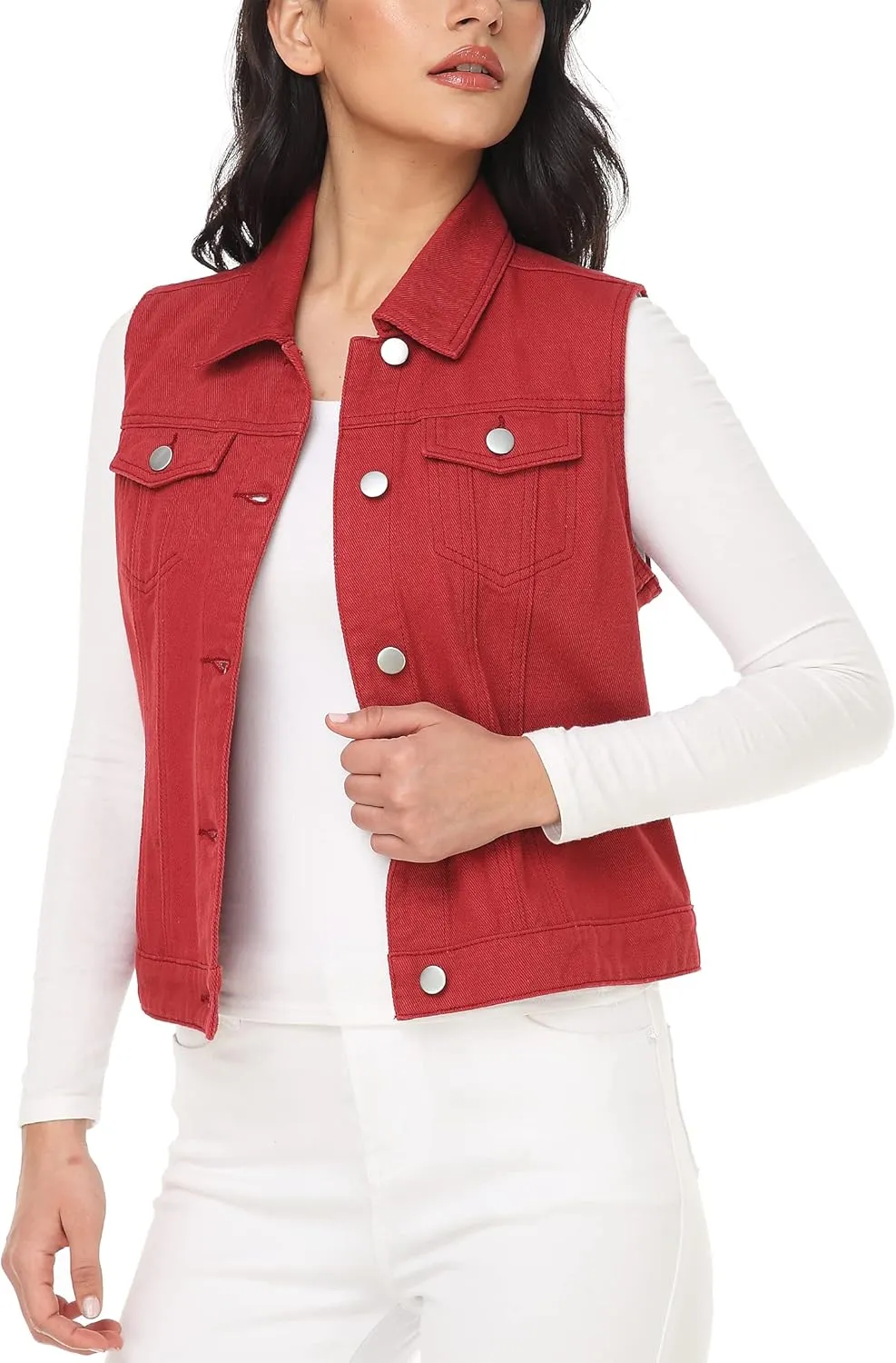 MISS MOLY Women's Denim Vest Cropped Classic Sleeveless Jean Vest Jackets With Flap Pockets