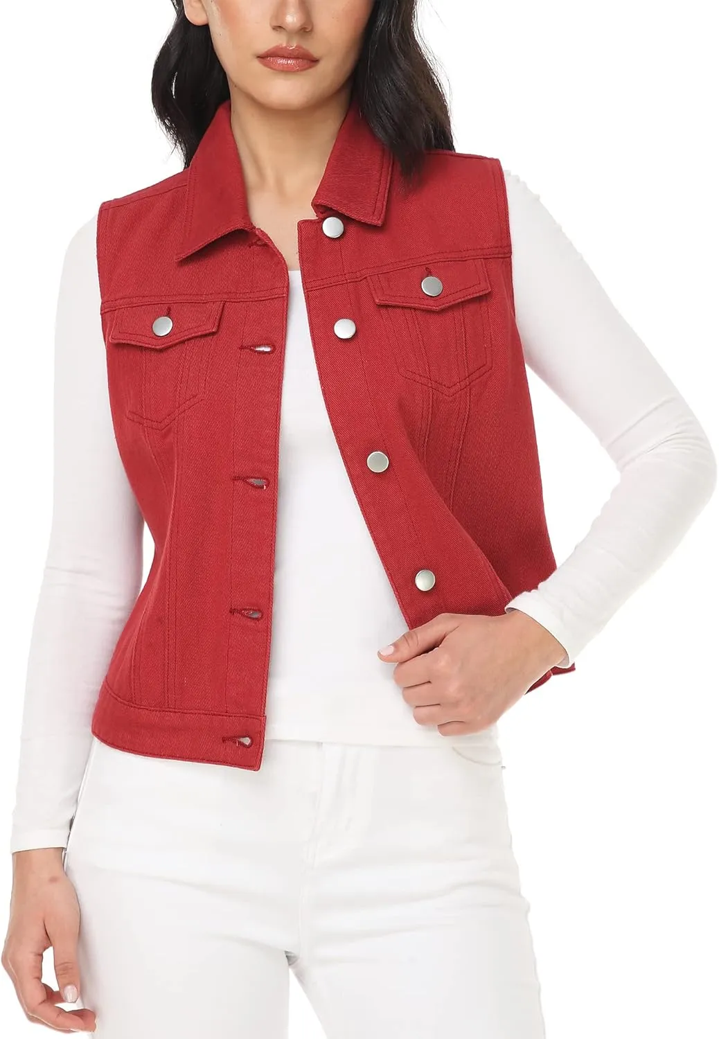 MISS MOLY Women's Denim Vest Cropped Classic Sleeveless Jean Vest Jackets With Flap Pockets