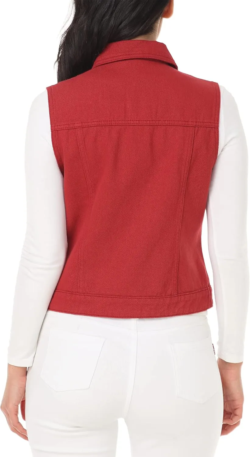 MISS MOLY Women's Denim Vest Cropped Classic Sleeveless Jean Vest Jackets With Flap Pockets