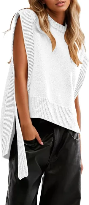 MISSACTIVER Women Oversized Round Neck Sleeveless Sweater Vest Knit High Low Hem Side Tie Solid Color Pullover Tank Tops