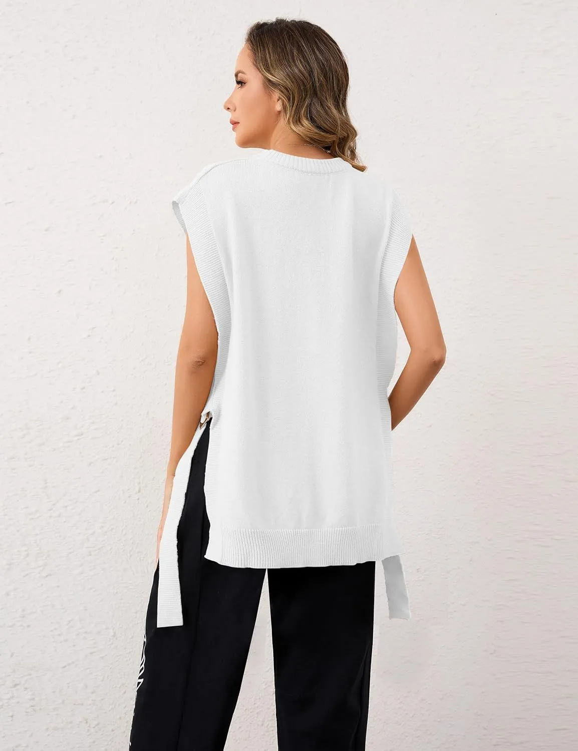 MISSACTIVER Women Oversized Round Neck Sleeveless Sweater Vest Knit High Low Hem Side Tie Solid Color Pullover Tank Tops