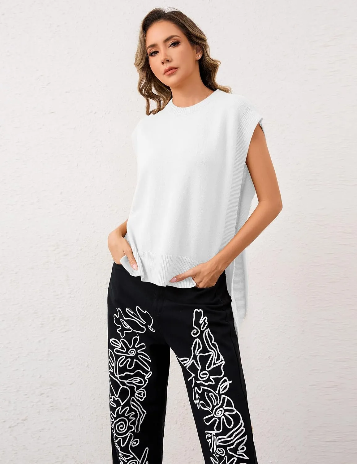MISSACTIVER Women Oversized Round Neck Sleeveless Sweater Vest Knit High Low Hem Side Tie Solid Color Pullover Tank Tops