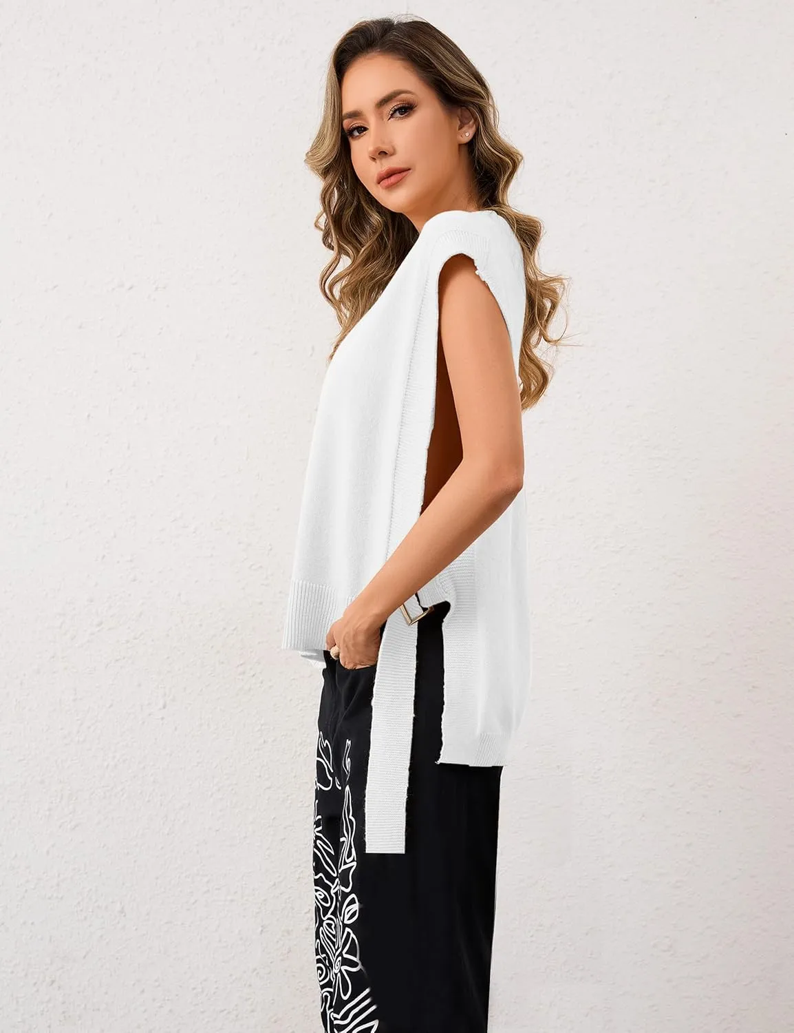 MISSACTIVER Women Oversized Round Neck Sleeveless Sweater Vest Knit High Low Hem Side Tie Solid Color Pullover Tank Tops