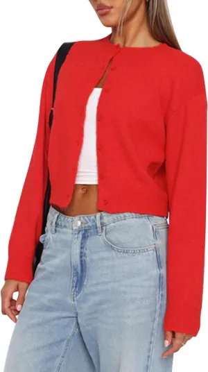 MISSACTIVER Women's Button Down Cropped Cardigan Sweater Solid Open Front Long Sleeve Crewneck Knitted Fall Cardigans Jacket