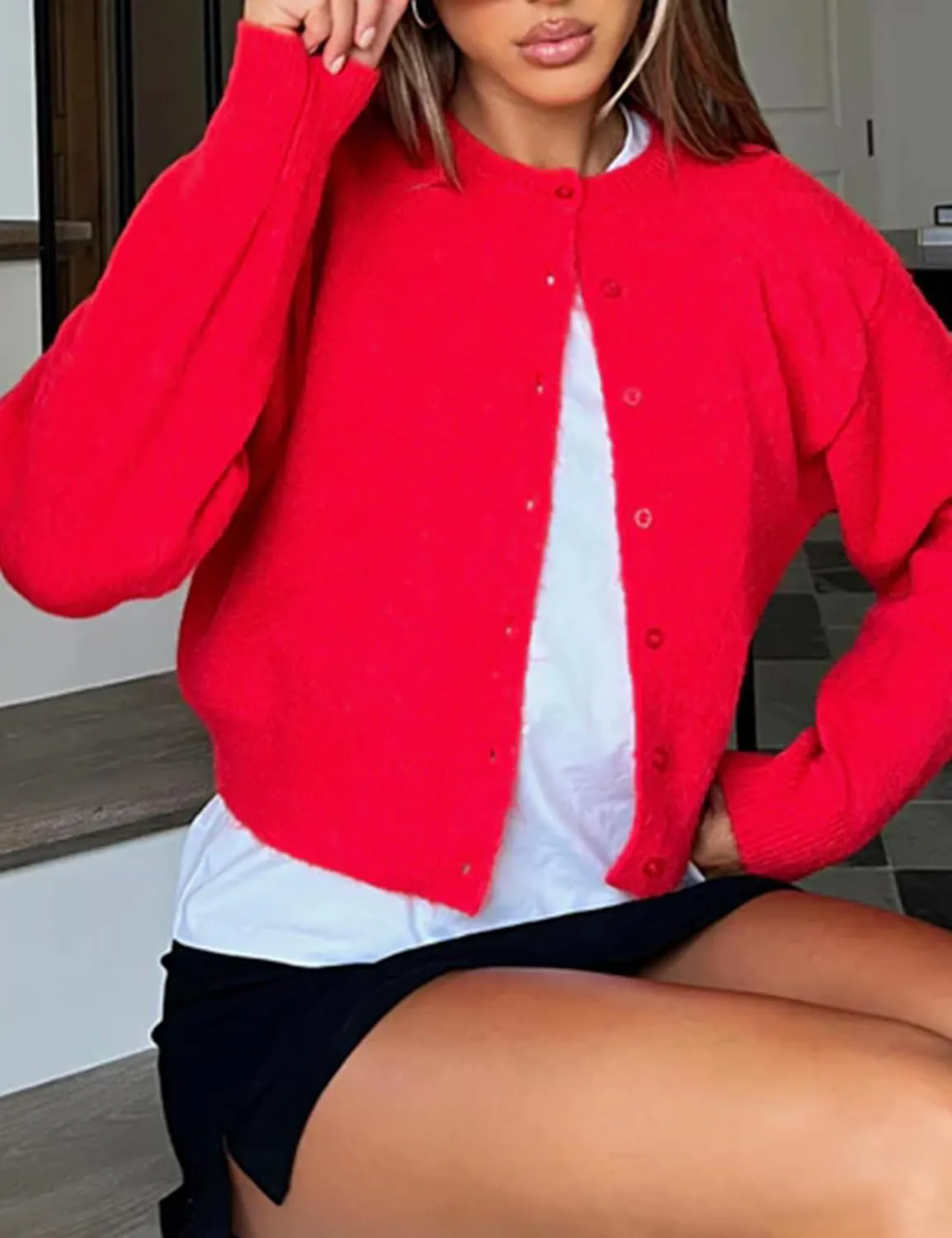 MISSACTIVER Women's Button Down Cropped Cardigan Sweater Solid Open Front Long Sleeve Crewneck Knitted Fall Cardigans Jacket