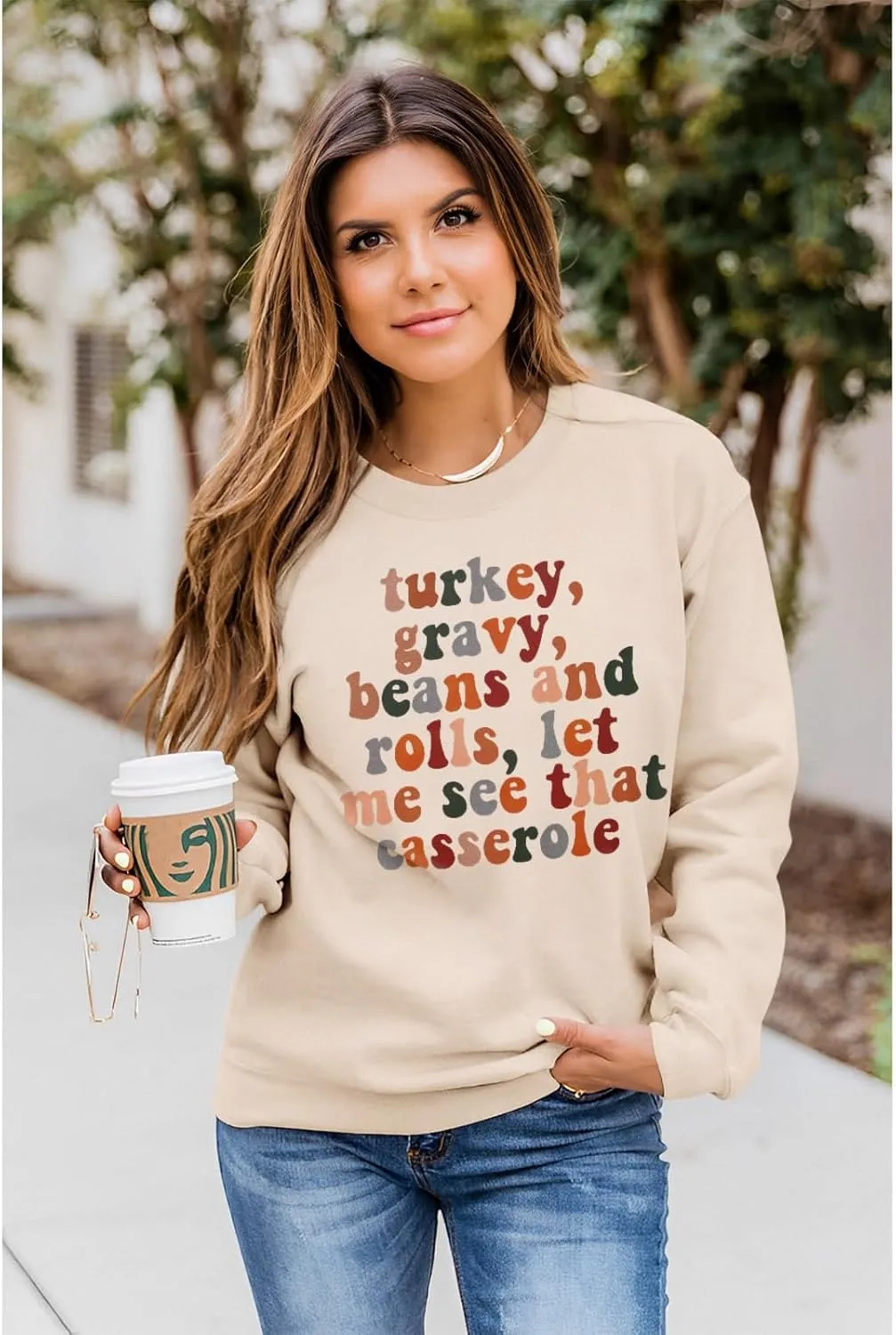 MODNTOGA Women Thanksgiving Sweatshirt Turkey Gravy Beans And Rolls Outfit Thanksgiving Letter Graphic Crewneck Pullover Tops