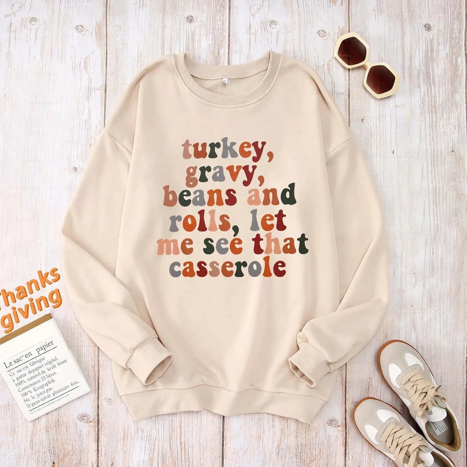MODNTOGA Women Thanksgiving Sweatshirt Turkey Gravy Beans And Rolls Outfit Thanksgiving Letter Graphic Crewneck Pullover Tops