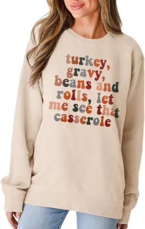 MODNTOGA Women Thanksgiving Sweatshirt Turkey Gravy Beans And Rolls Outfit Thanksgiving Letter Graphic Crewneck Pullover Tops