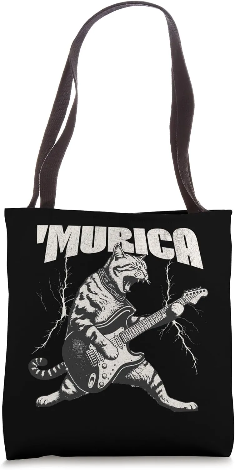 Murica Rock Star Cat Guitar 4th of July Rock N Roll Meowtal Tote Bag