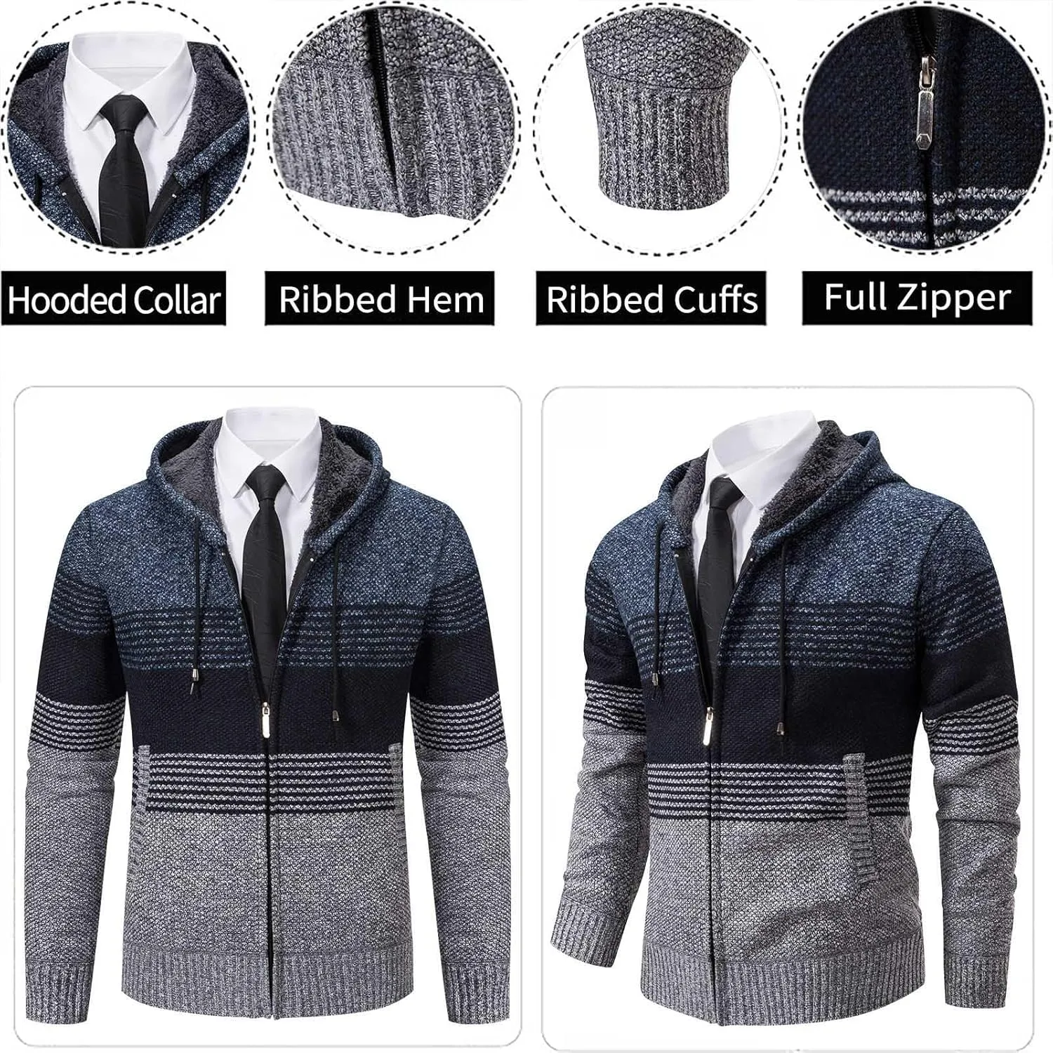 Mylldey Mens Hoodies Knit Sweater, Full Zip Fleece Lined Cardigan Sweaters Casual Regular Fit Knit Hooded Men Sweater Jacket
