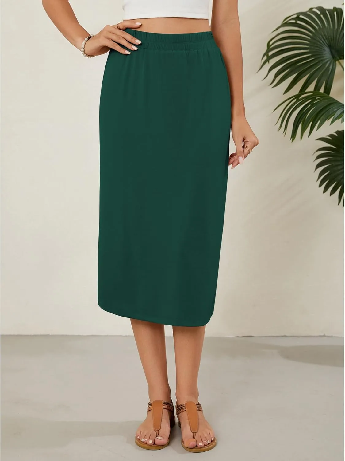 Naggoo Womens Midi Skirts Summer Elastic High Waisted Back Slit Long Straight Skirt Below Knee
