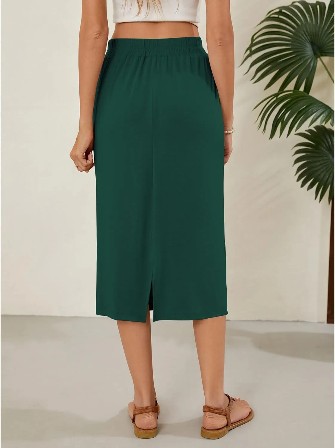 Naggoo Womens Midi Skirts Summer Elastic High Waisted Back Slit Long Straight Skirt Below Knee