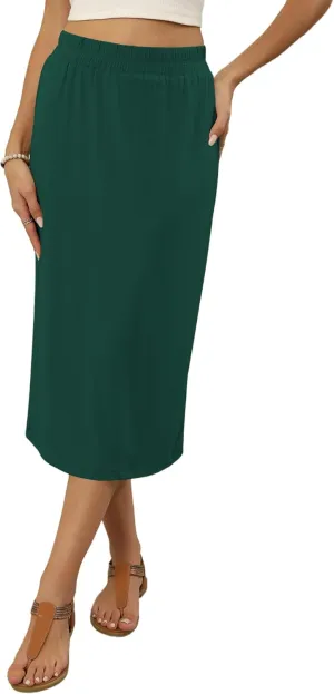 Naggoo Womens Midi Skirts Summer Elastic High Waisted Back Slit Long Straight Skirt Below Knee